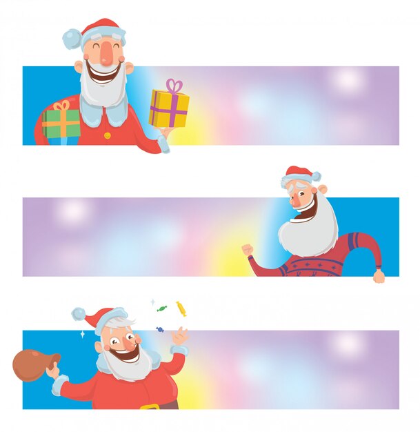 Modelli di design di natale con babbo natale divertente. babbo natale porta regali in scatole. banner di natale o intestazione per sito web con spazio di copia.