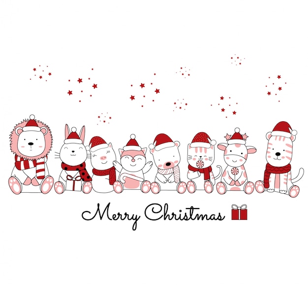 Christmas design with the cute animal cartoon in floral frame. hand drawn cartoon style
