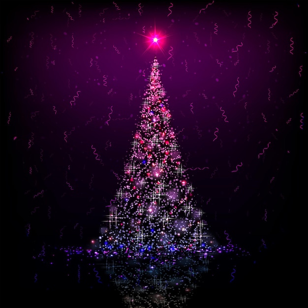 Vettore design natalizio con una serie di nastri e la sagoma di un albero rosa lucido con un'immagine speculare