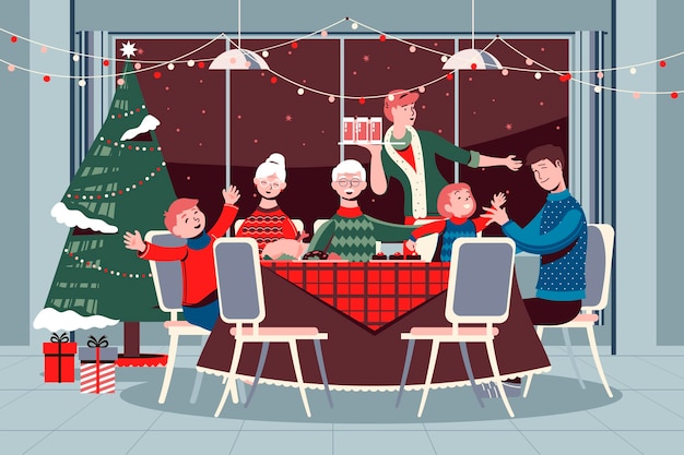 Vector christmas dinner scene with family