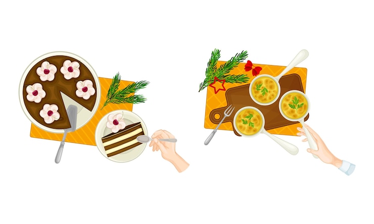 Vector christmas dinner table top view of human hands and traditional dishes served on plates vector illustration