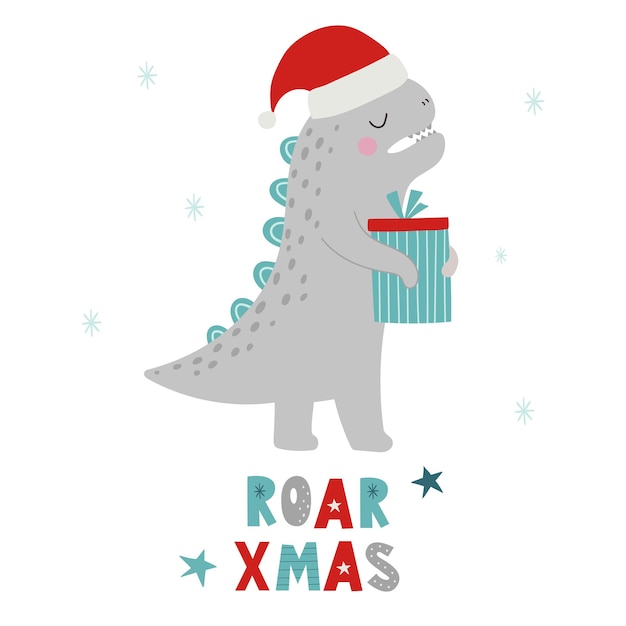 Christmas dinosaurs roar xmas dino xmas vector illustration of funny character in cartoon style