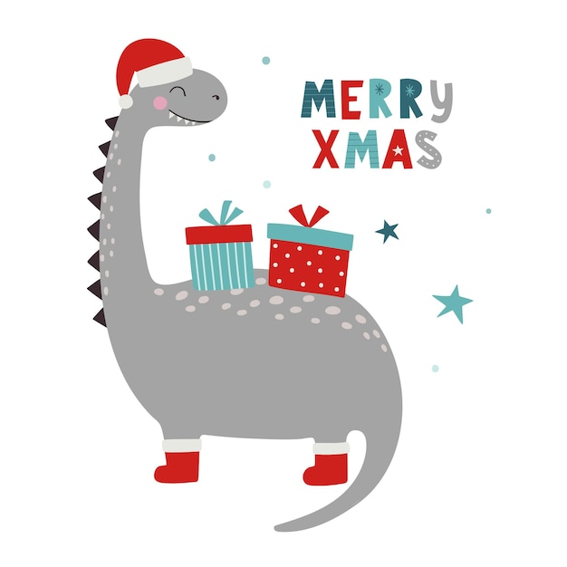 Dinosauri di natale roar xmas dino xmas illustrazione vettoriale di un personaggio divertente in stile cartone animato