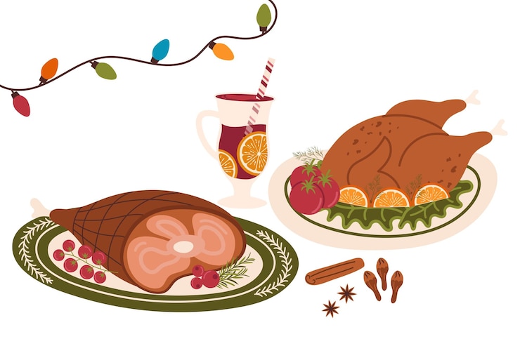 Vector christmas dishes roast pork knuckle and roast turkey or chicken festive traditional dishes meat