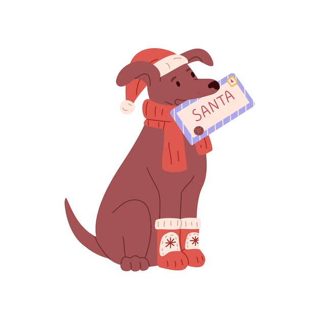 Christmas dog with paper mail cute puppy holding new year envelope with letter for santa xmas doggy in holiday cap winter scarf and socks flat vector illustration isolated on white background