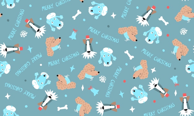 Christmas dogs seamless pattern. Winter holiday doggi blue background for kids textile. Gift paper.