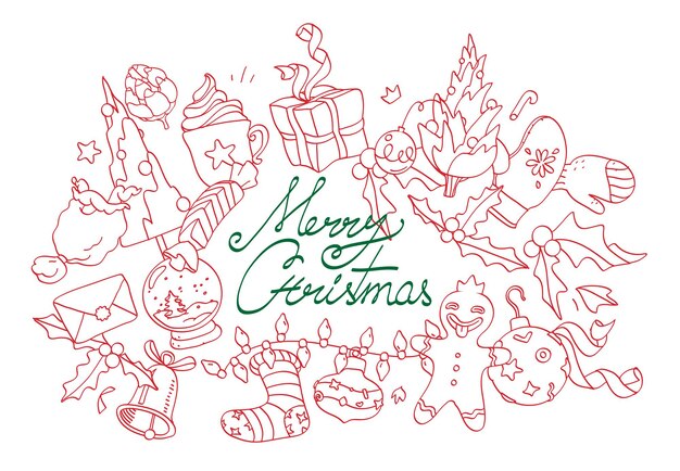 Vector christmas doodle card with gifts sweets christmas tree decorations