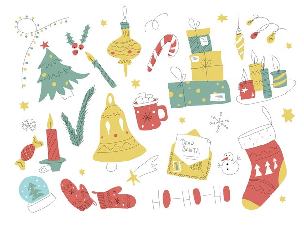 Christmas doodle collection Hand drawn xmas Set with elements candle light and presents outline