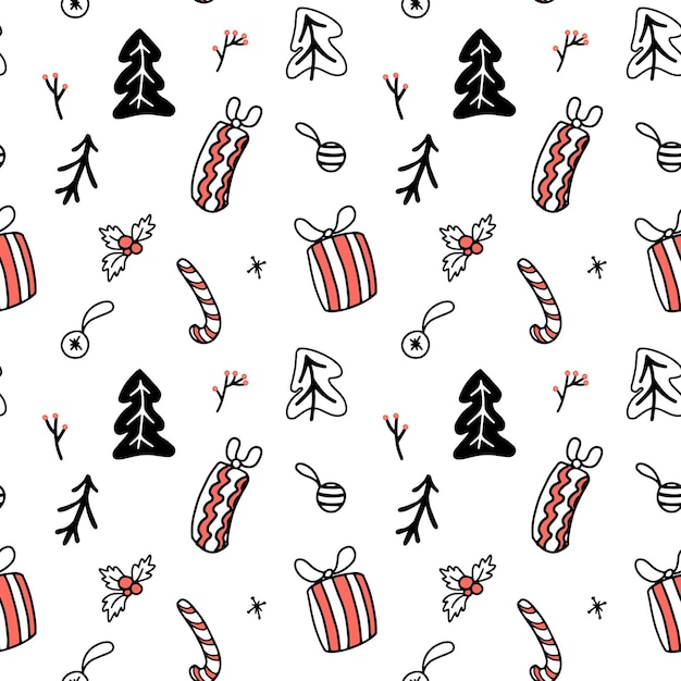 Christmas doodle sealess pattern in red, white and black color.