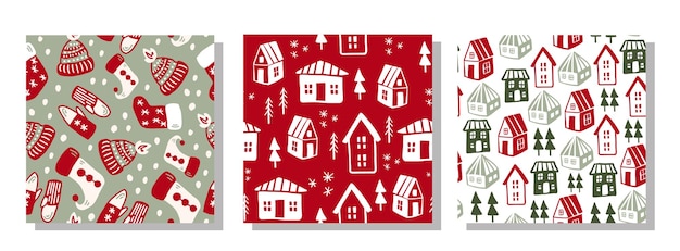 Christmas doodle seamless pattern set