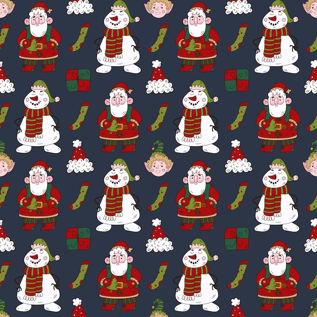 Christmas doodle seamless pattern with snowman Santa Claus elf gift and Santa's hat