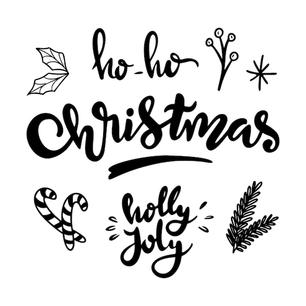 クリスマス落書きセットクリスマスツリーの枝植物キャンディーと花輪手描きのクリスマスアイコン