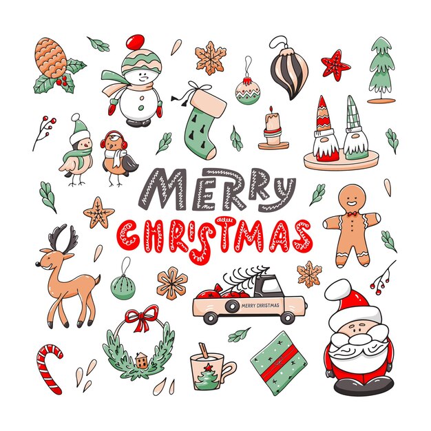 Vector christmas doodle set  with lettering merry christmas isolated on white background
