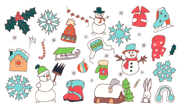 Christmas doodle vector collection New year celebration elements Christmas decorations set