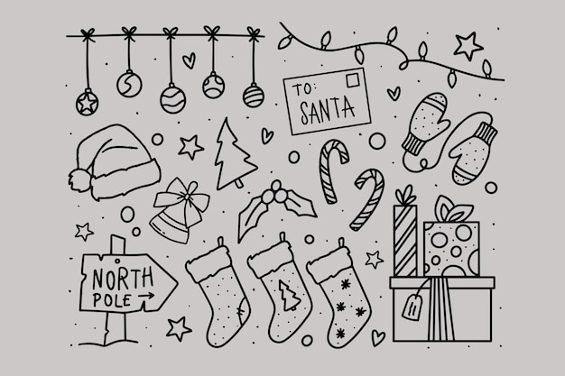 Вектор Рождественские каракули векторный набор украшений подарки конфеты письмо перчатки колокол дерево сердце и звезда