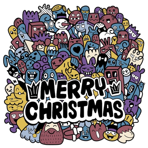 クリスマスの落書き。手描きのクリスマスイラスト、ホリデーグリーティングカードのモダンなデザイン要素、それぞれ別のレイヤーに