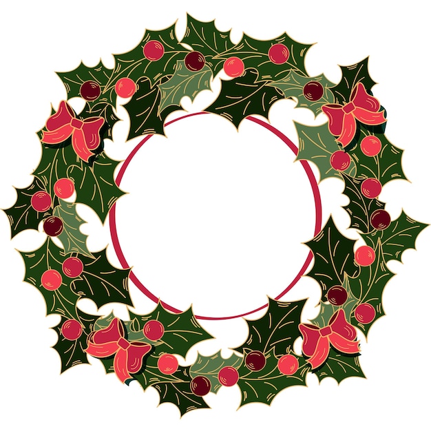 Christmas door decoration, holly wreath with berries and bows, doodle style