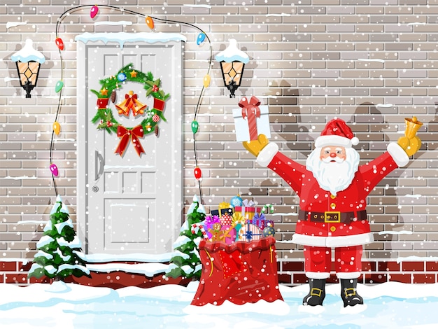 Рождественские украшения двери с дедом морозом и гирляндой