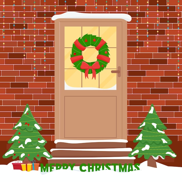 Christmas door with decorations. winter front door.