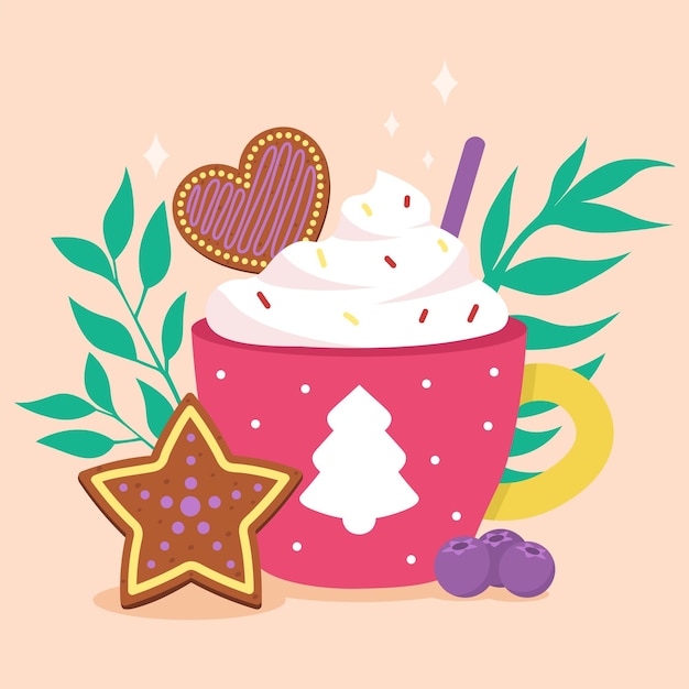 Vector christmas drink or beverage with cream and gingerbread cozy vector illustration in flat style