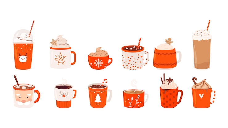 Vector christmas drinks in mugs warm cacao hot latte with marshmallow holiday winter drink mug sweet chocolate with cookies snugly vector set
