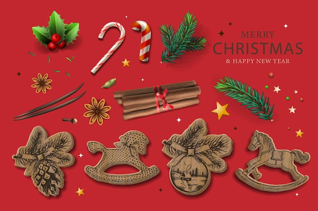 クリスマス要素コレクション ヴィンテージ木のおもちゃ木馬キャンディ スティック ホーリー ベリー モミの木