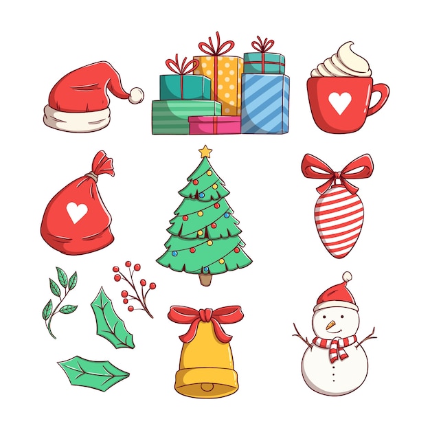 Christmas elements collection with colorful doodle style