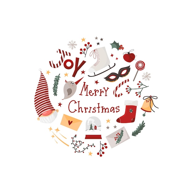 Christmas elements in a round shape greeting card for new year print in hand drawn style