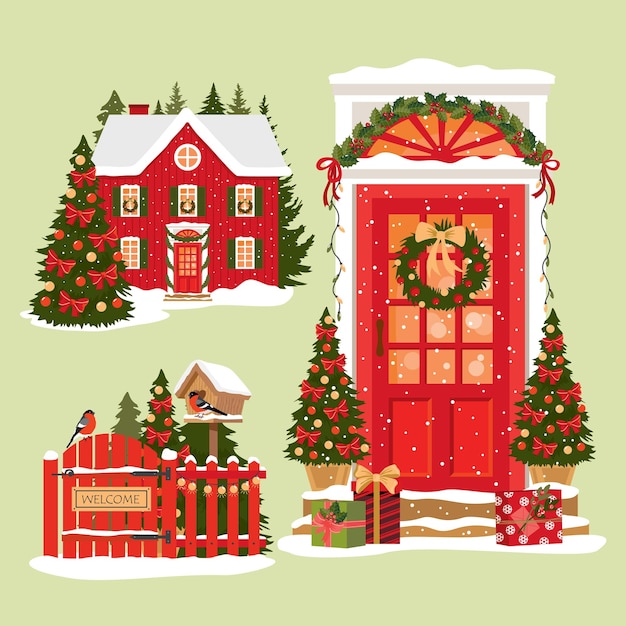 Christmas elements set A red twostorey house with garlands Decorated front door with gifts A fence with a birdhouse and red crested birds Illustrated vector clipart