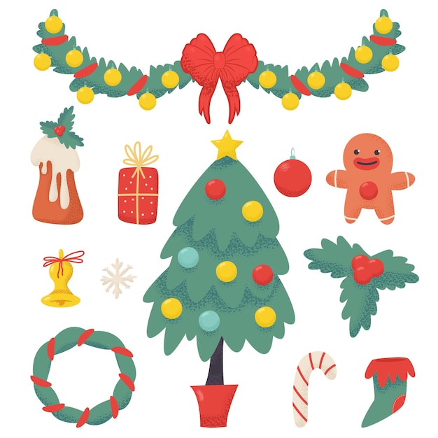 Christmas elements vector cartoon set isolated on white background.