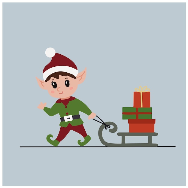 Vector christmas elf character pulls a sleigh with gifts sinterklaas helper illustration