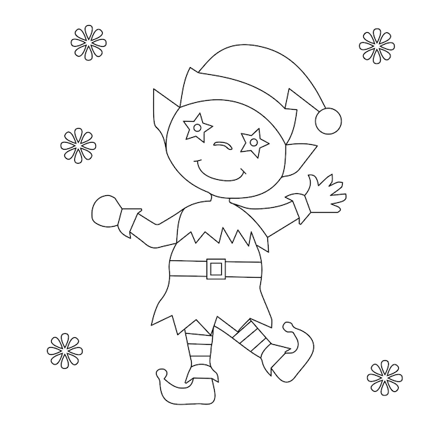 ベクトル クリスマスエルフぬりえページイラスト