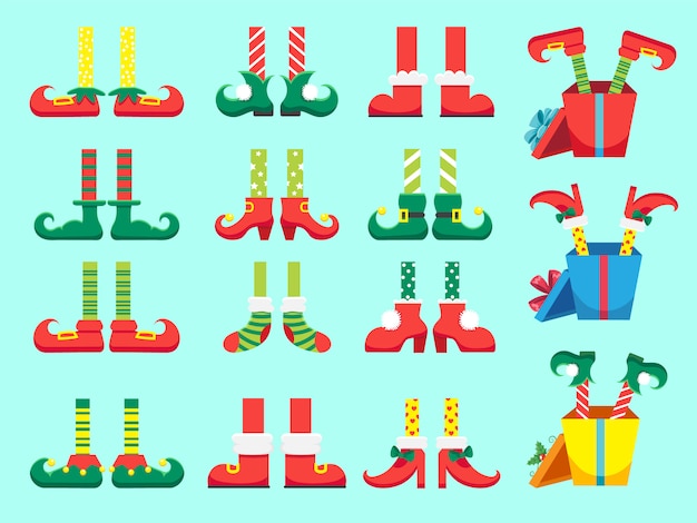 Vector christmas elf feet. shoes for elves foot, santa claus helpers dwarf leg in pants set