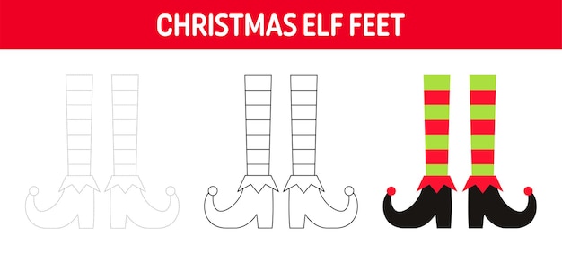 Christmas elf feet tracing and coloring worksheet for kids