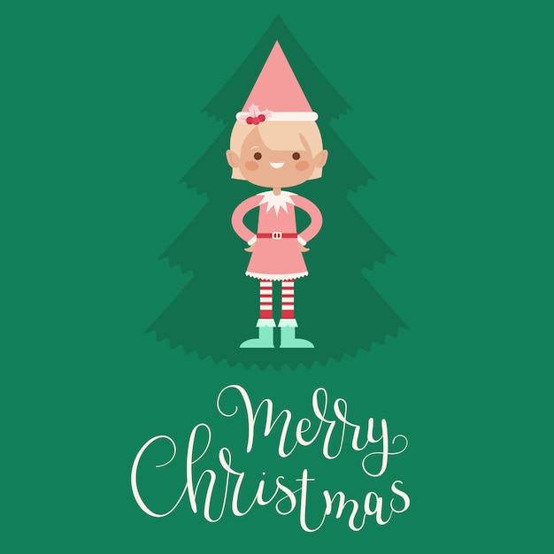 Christmas elf girl in pink dress staying alone