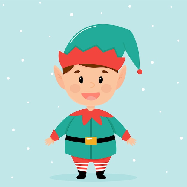 Vector christmas elf in a green suit on a blue background