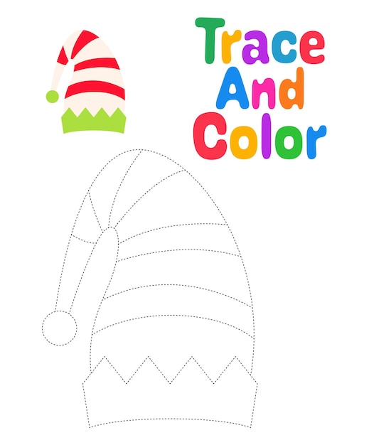 Christmas elf hat tracing worksheet for kids