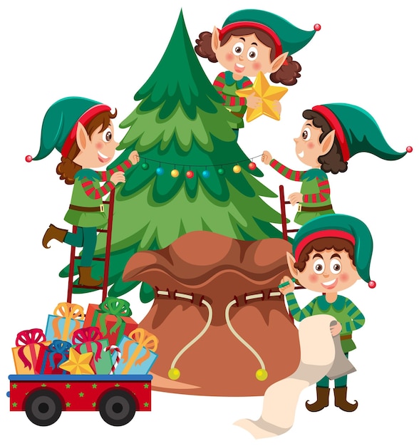 Bambini dell'elfo di natale con l'albero di natale