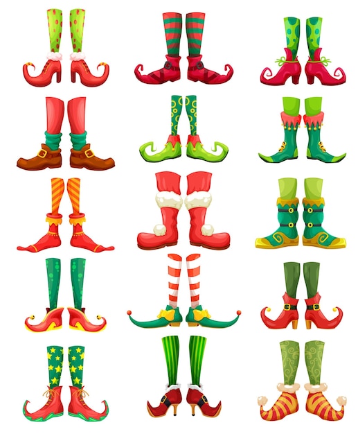 クリスマスエルフ、レプラコーン、サンタの足の漫画のベクトルを設定します。クリスマスのノームの脚と靴、妖精と小人、面白いカラフルな靴下、ストッキングとブーツ、鐘と弓を持つ妖精のキャラクター