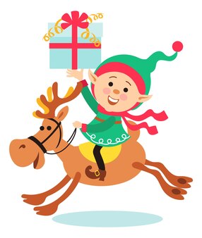 Elfo di natale che cavalca un cervo con confezione regalo. aiutante di babbo natale che trasporta un bambino presente