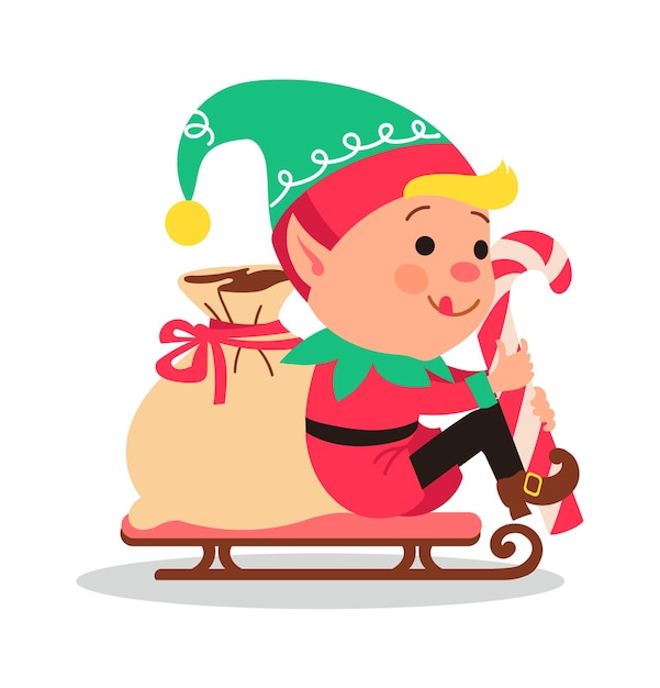 Christmas elf. Santa Claus helper. Cartoon gnome sitting on sled with bag of gifts. Xmas and New Year celebration. Fairy tale kid character. Winter holiday. Vector isolated funny dwarf