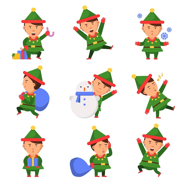 Vector christmas elf. santa helpers dwarfs in action pose  funny characters celebration persons kids