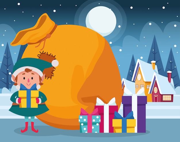 Elfo di natale con i contenitori di regalo e la grande borsa durante la notte di inverno, variopinta, illustrazione
