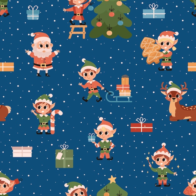 Christmas elves at the North Pole Vector seamless pattern with spruces Santa Claus deers elves