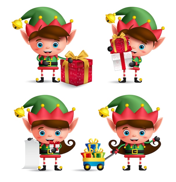 Vector christmas elves vector characters set cute kids with green elf costume holding gifts