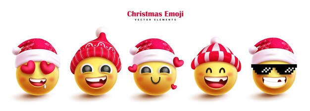 Design del set vettoriale dei personaggi emoji di natale personaggio emoji di natale che indossa un cappello da babbo natale