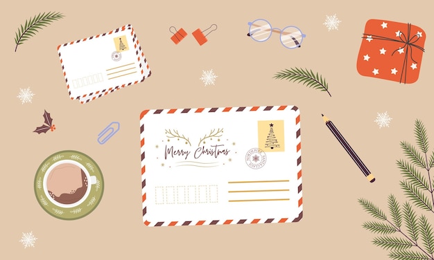 Christmas envelope on desk Handmade greeting card Sending or receiving New Year postcard or invitation Top view Vector illustration in flat cartoon style Winter holiday wishes