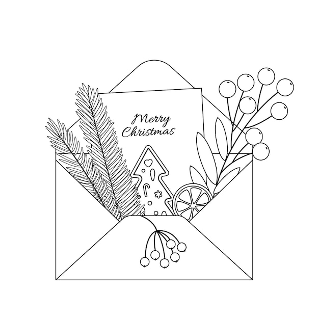 Christmas envelope greeting card coloring page Black and white fir tree card berries Vector