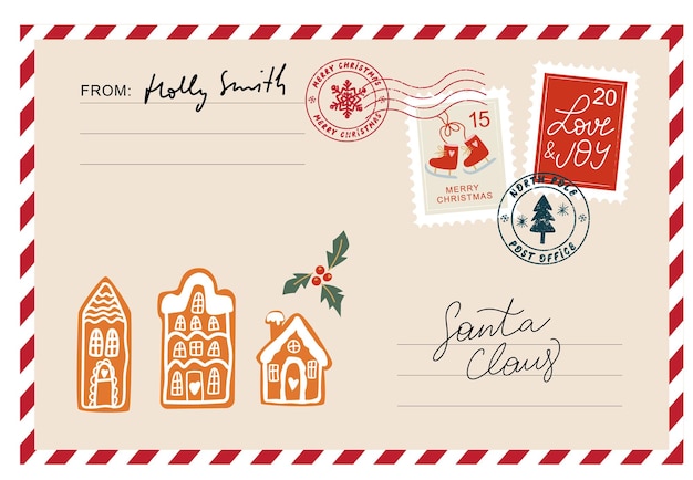 Vector christmas envelope with stamps seals gingerbread houses and inscriptions to santa claus