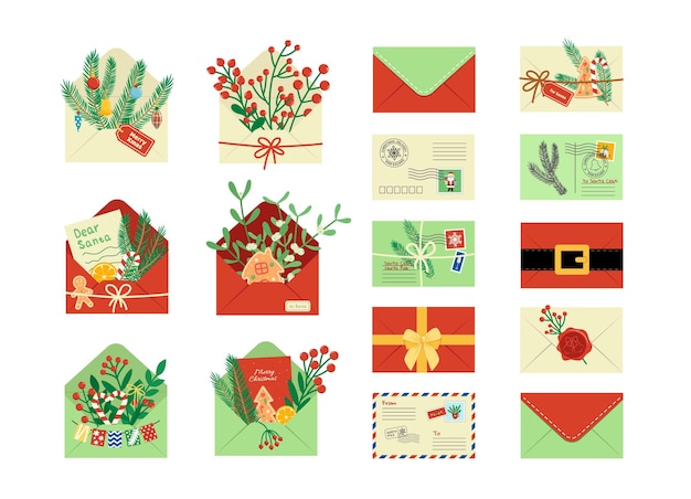 Vector christmas envelopes set of envelopes with stams christmas elemtnts decor mail vector